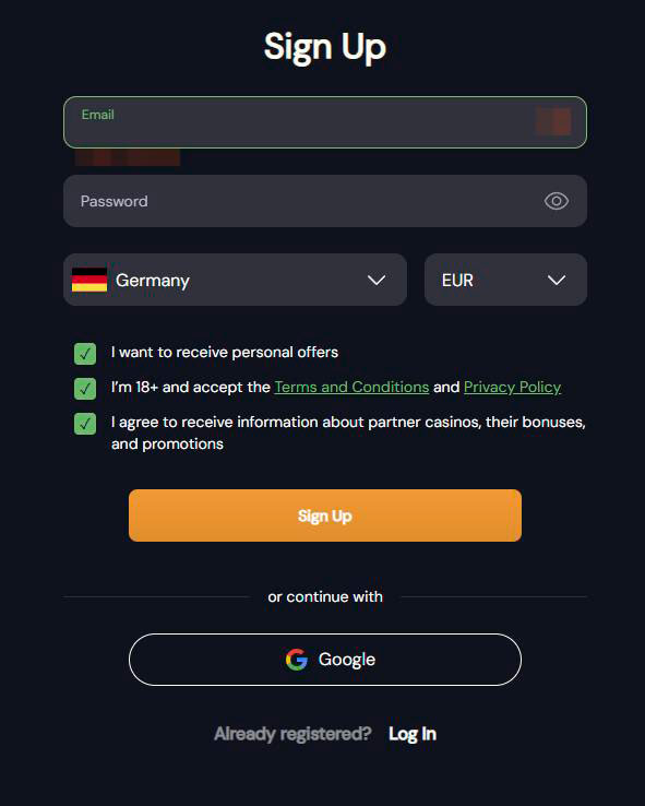 Anmeldung bei Slotozen-Casino